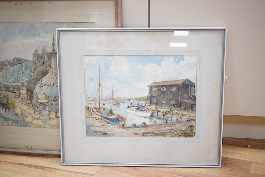 Doris Kirlew, ink and watercolour, City view, inscribed in ink, together with two other watercolours, Cornish harbour view and Sheep grazing, largest 37 x 50cm. Condition - poor to fair